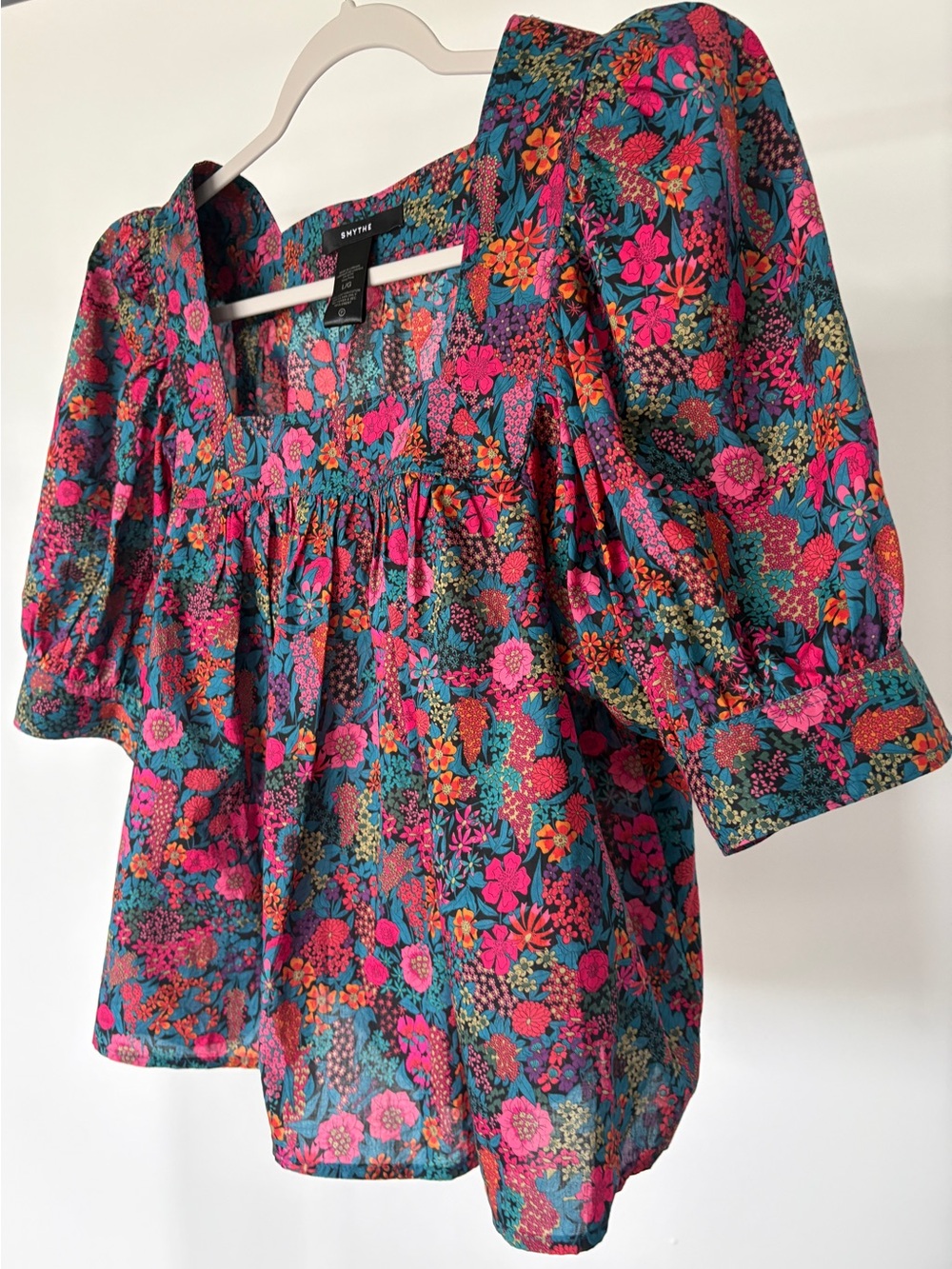 Smythe 3/4 Puff-Sleeve Peasant Blouse In Floral Print